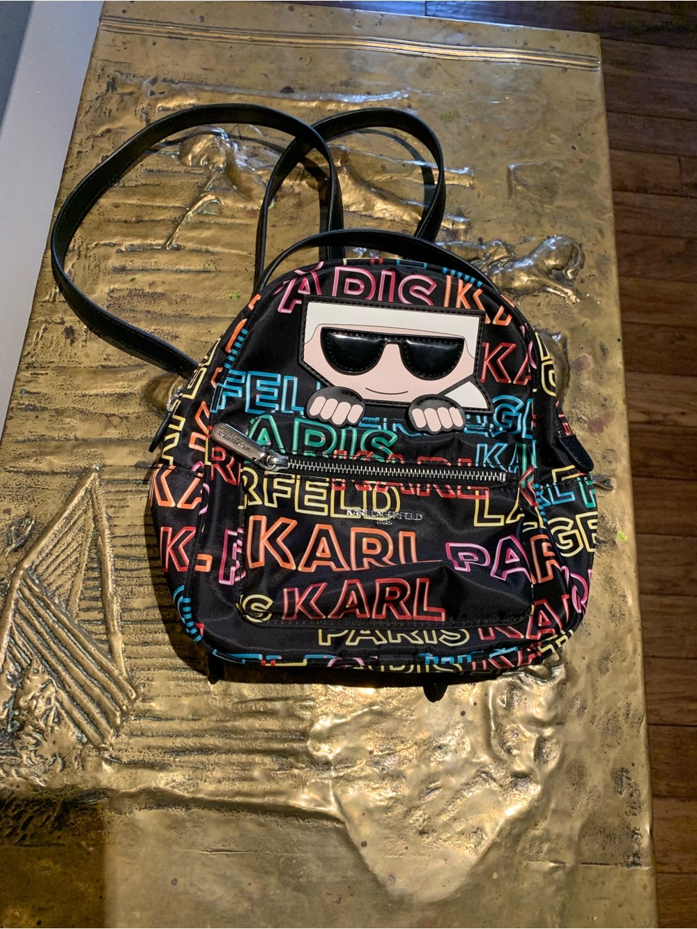 Karl Lagerfeld Black Mini Backpack with Multicolor Neon Logo